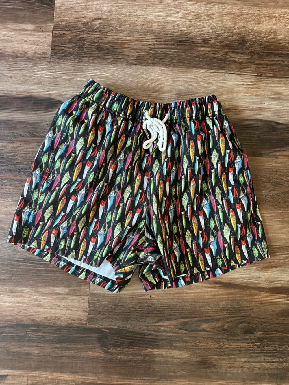 Men's Black Athletic Swim Shorts with Colorful Fish Print
